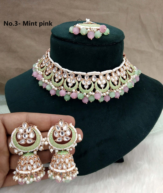 Rose gold kundan necklace Set/ Rose gold mint pink Indian kundan necklace braille sets