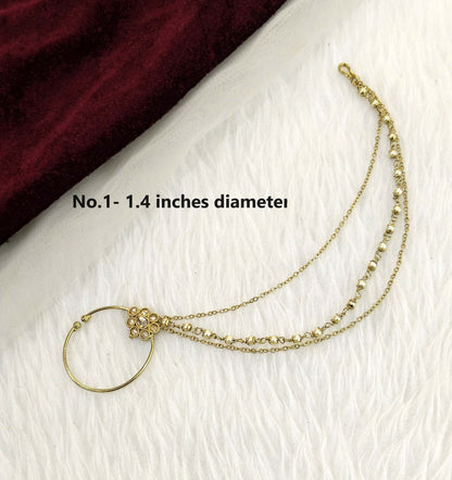 Nose Ring Indian Nath Bridal Wedding Nathini/Non Pierced Gold Plat Nose Hoop Chain