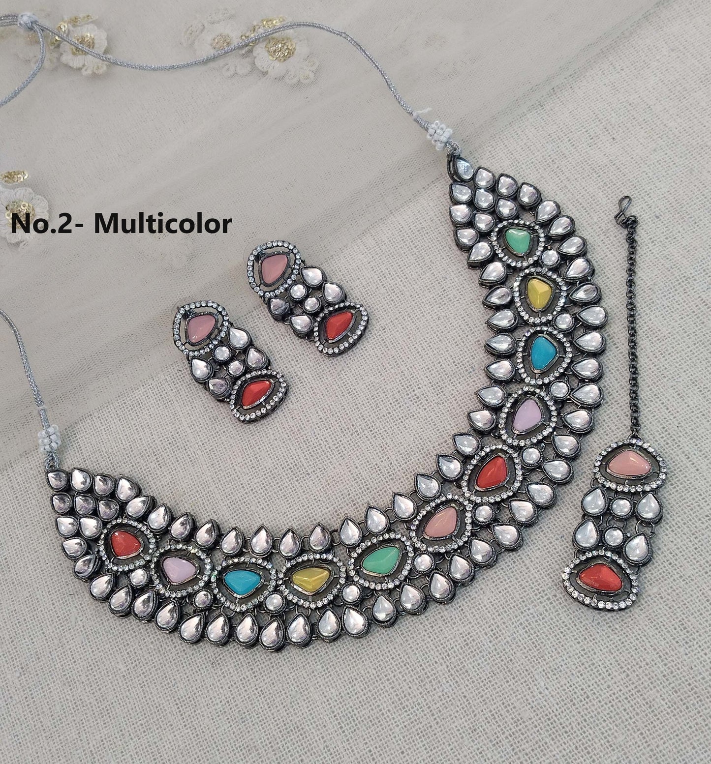 Oxidized silver kundan necklace Set/ antique silver multicolor tribal Indian bridal shelf Jewellery