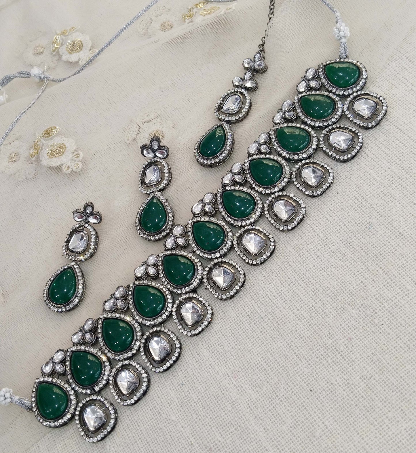 Oxidized silver kundan necklace Set/ antique silver green tribal Indian bridal shelf Jewellery