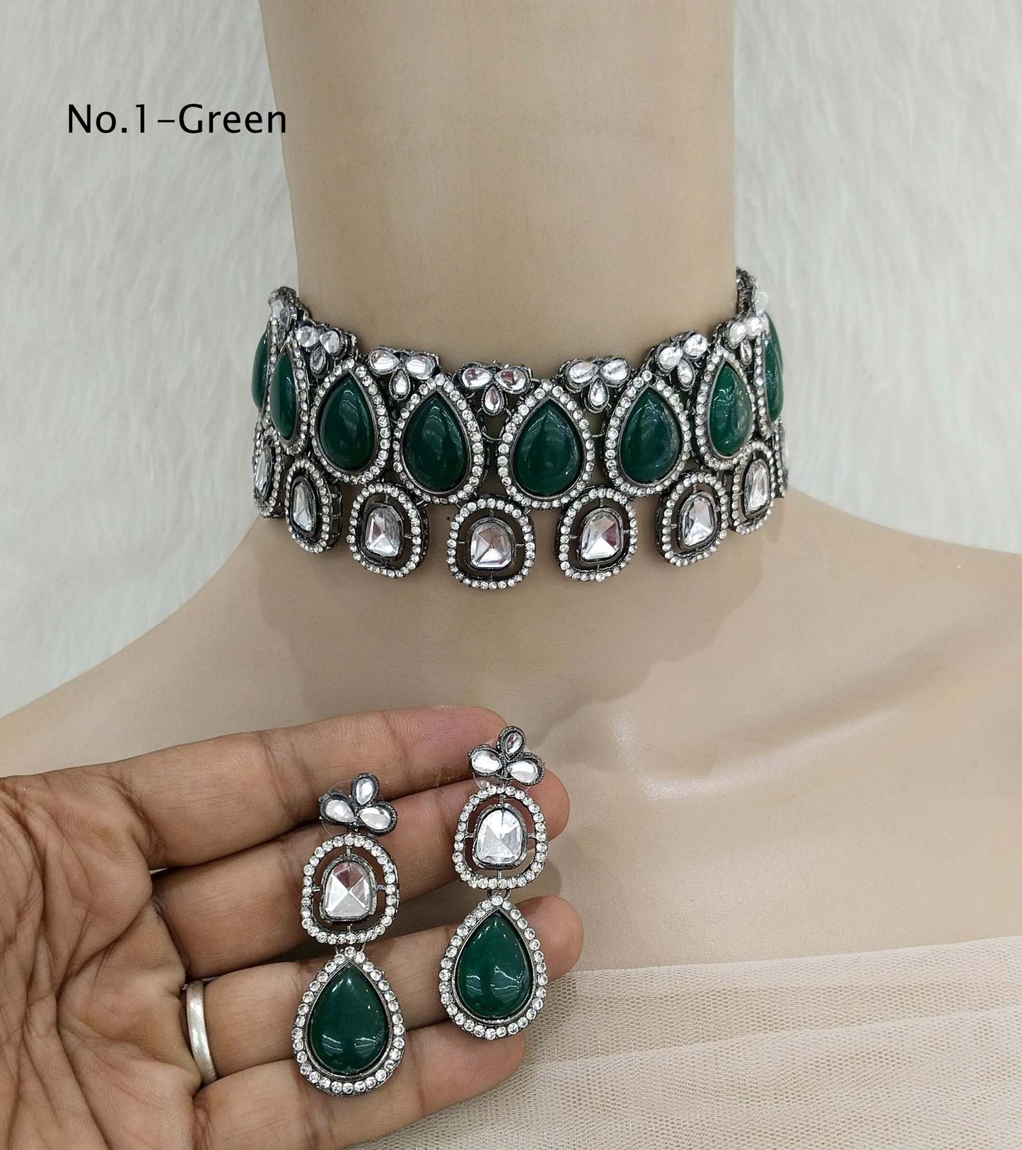 Oxidized silver kundan necklace Set/ antique silver green tribal Indian bridal shelf Jewellery