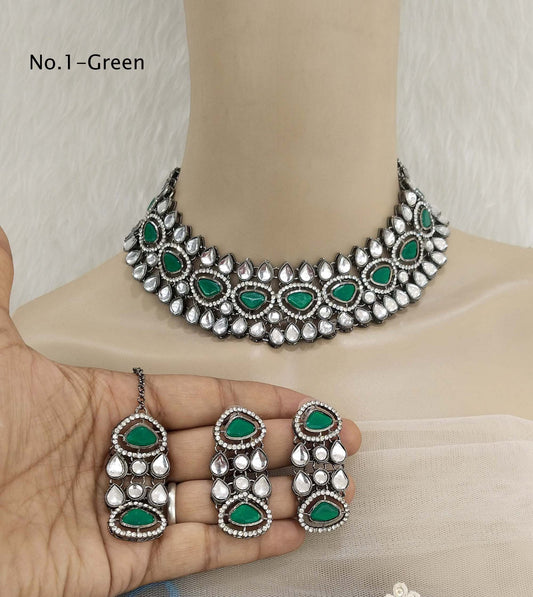 Oxidized silver kundan necklace Set/ antique silver green tribal Indian bridal shelf Jewellery