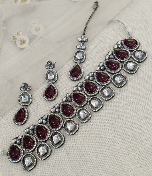 Oxidized silver kundan choker Set/ antique silver maroon tribal Indian bridal shelf Jewellery