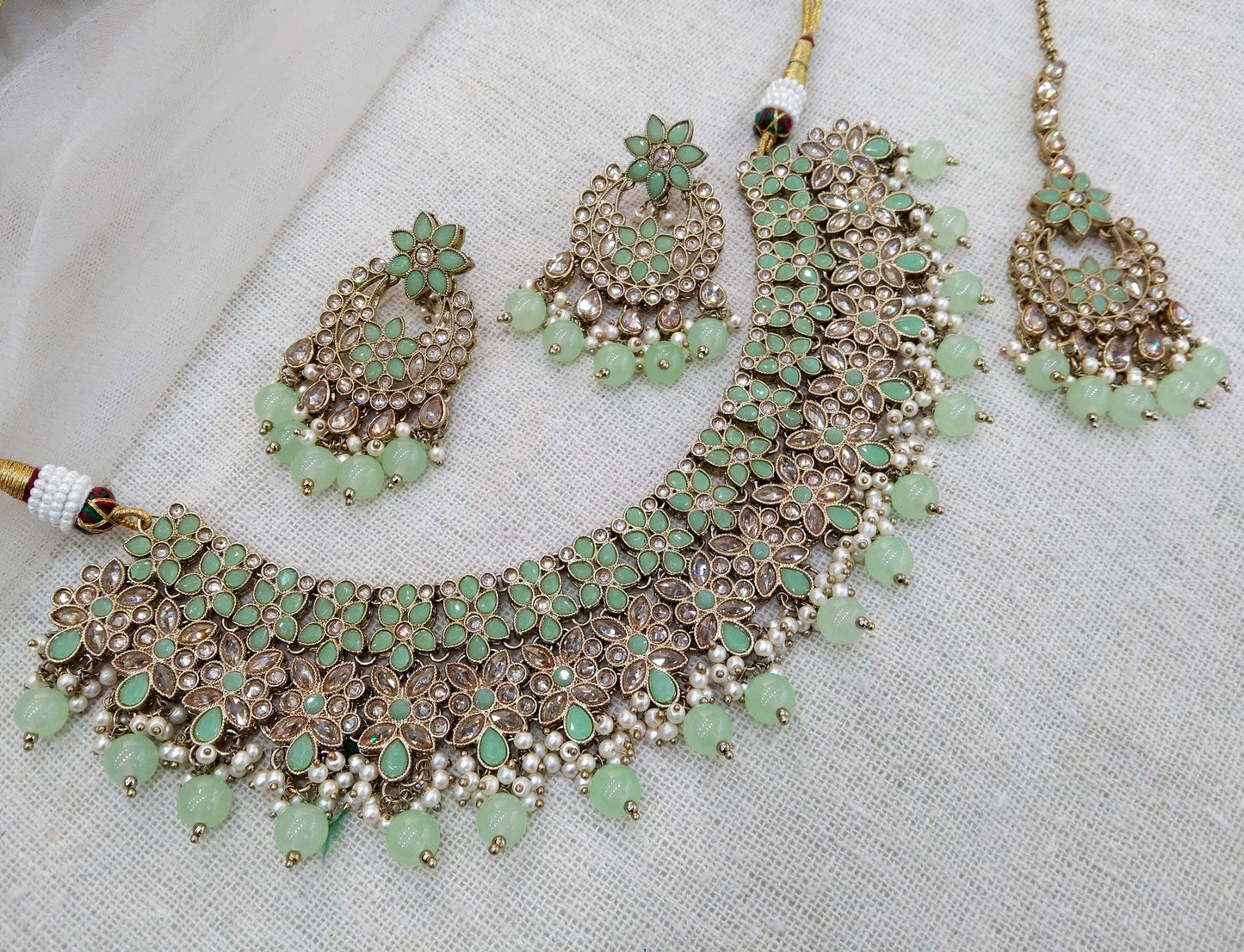 Antique Gold Necklace Jewellery Set/ dark gold pastel green necklace set  Indian Bridal Wedding  space Jewellery Online