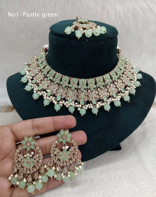 Antique Gold Necklace Jewellery Set/ dark gold pastel green necklace set  Indian Bridal Wedding  space Jewellery Online