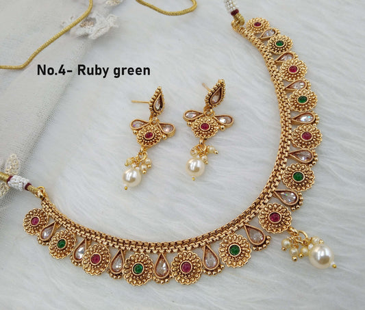 Indian Polki  Jewellery Gold ruby green Necklace Set/ Bollywood Style Gold Finish South Indian pinki Jewellery