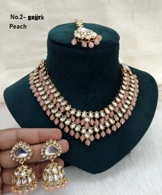 Indian Jewellery/ Gold peach Bridal Kundan layered necklace Set Indian branded Necklace set