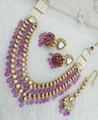 Indian Jewellery/ Gold Lavender Bridal Kundan layered necklace Set Indian branded Necklace set