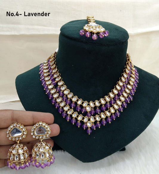 Indian Jewellery/ Gold Lavender Bridal Kundan layered necklace Set Indian branded Necklace set