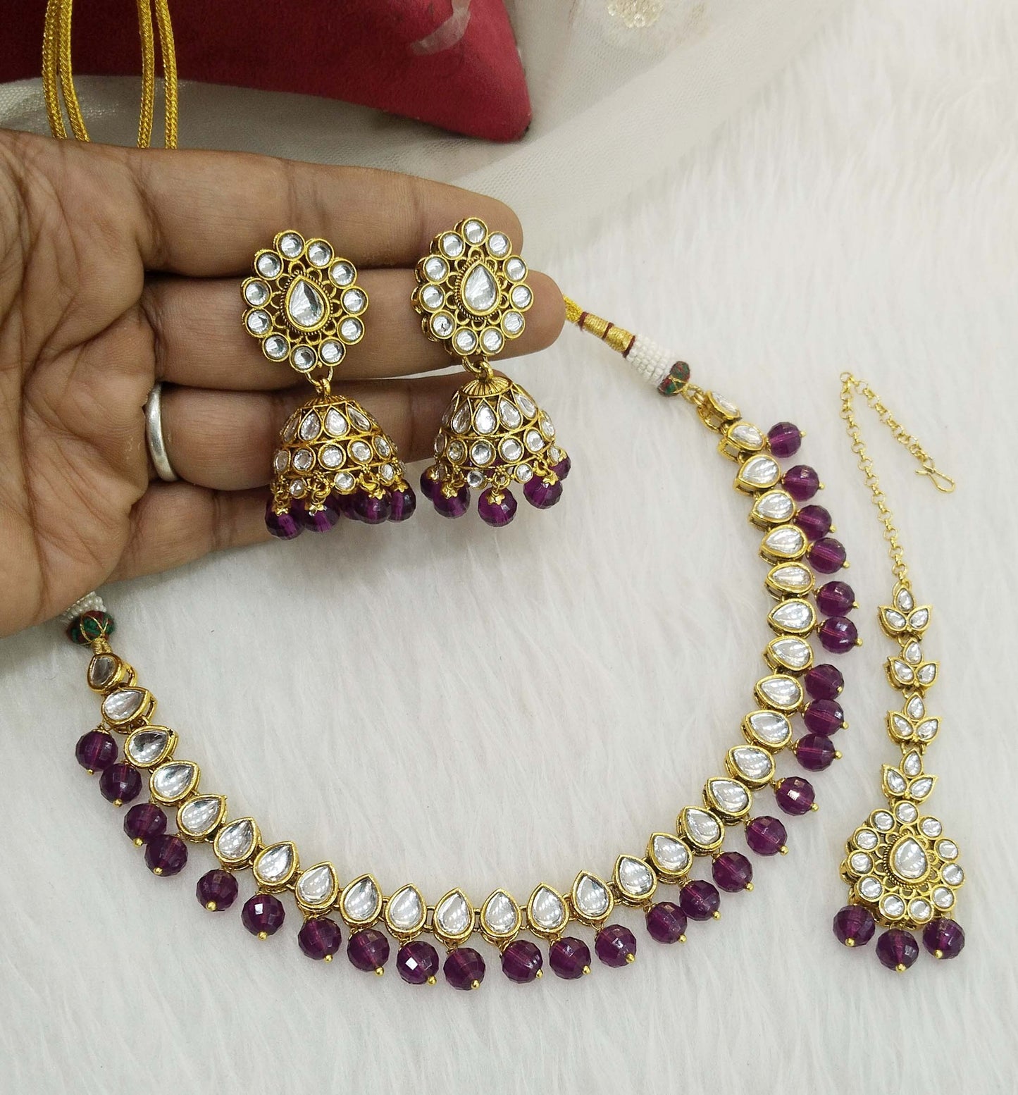 Gold Kundan necklace Jewellery Set/ Gold purple kundan Indian jewellery kundan optimal sets