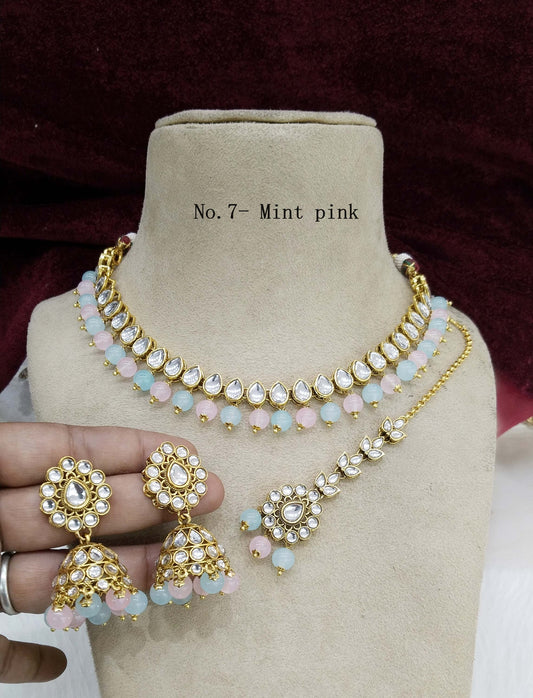 Kundan Necklace Jewellery Set/ Gold mint pink kundan Indian jewellery kundan optimal sets