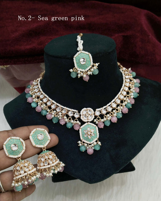 Rose gold kundan necklace Set/ Rose gold sea green pink Indian kundan necklace preserve sets