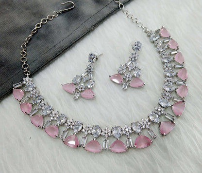 Cubic zirconia diamond Necklace set,Jewellery  Silver pink necklace set CZ check necklace set