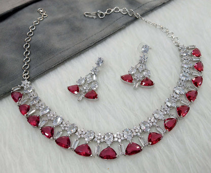 American Diamond Necklace Jewellery set, Silver ruby necklace set CZ check necklace set