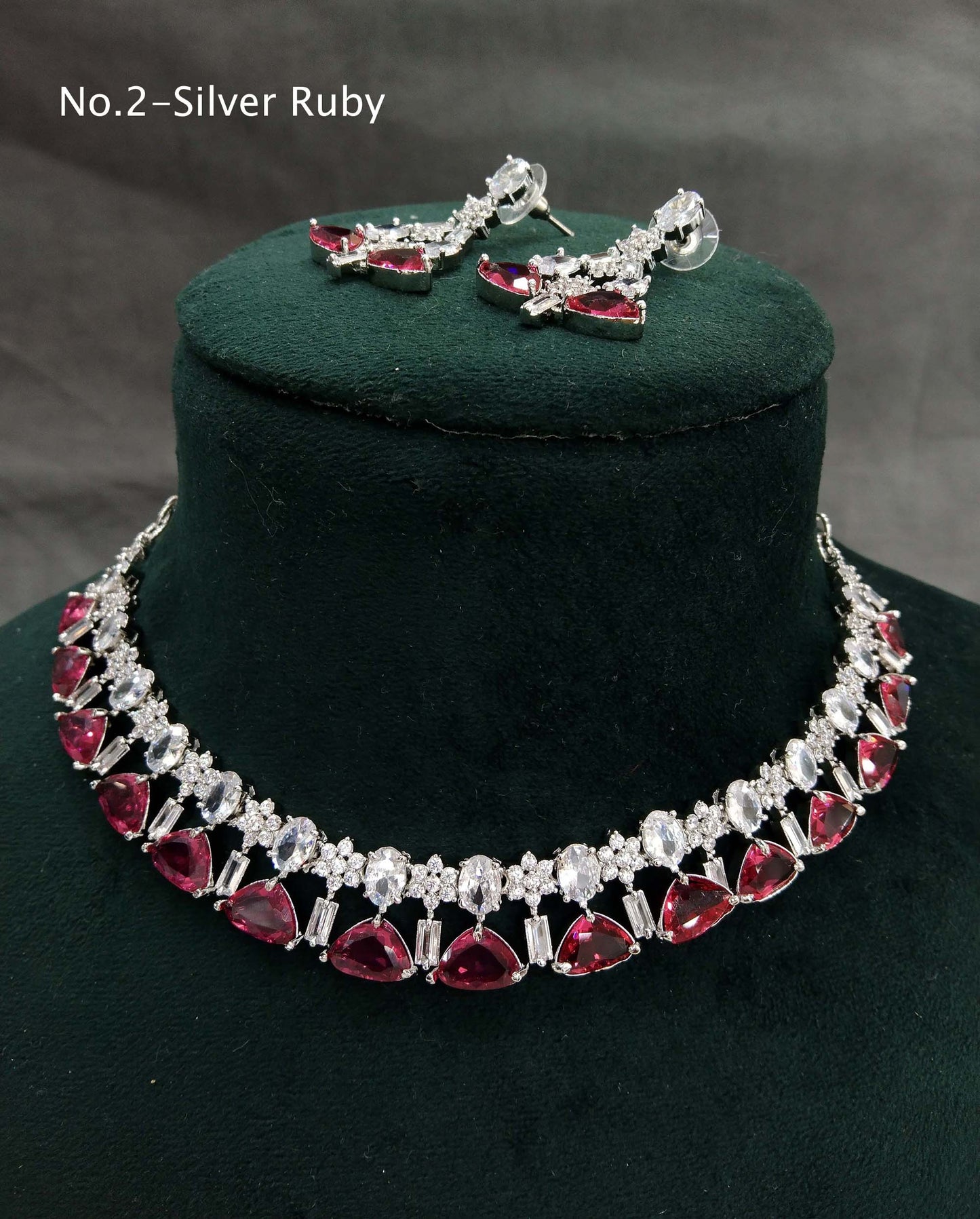 American Diamond Necklace Jewellery set, Silver ruby necklace set CZ check necklace set