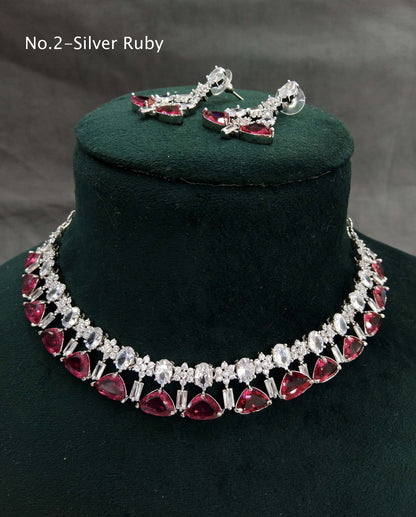 American Diamond Necklace Jewellery set, Silver ruby necklace set CZ check necklace set