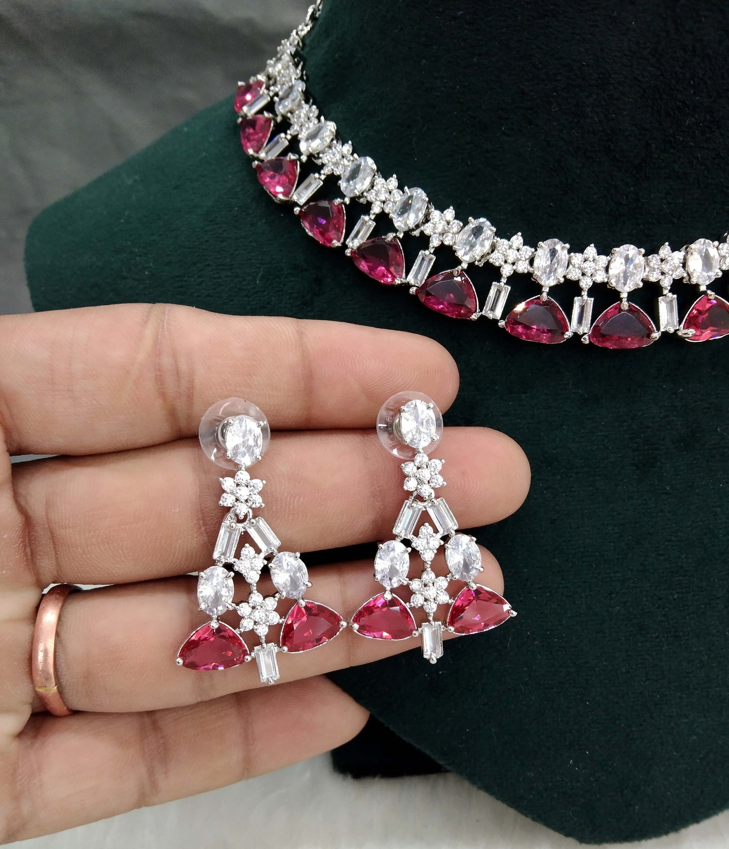 American Diamond Necklace Jewellery set, Silver ruby necklace set CZ check necklace set