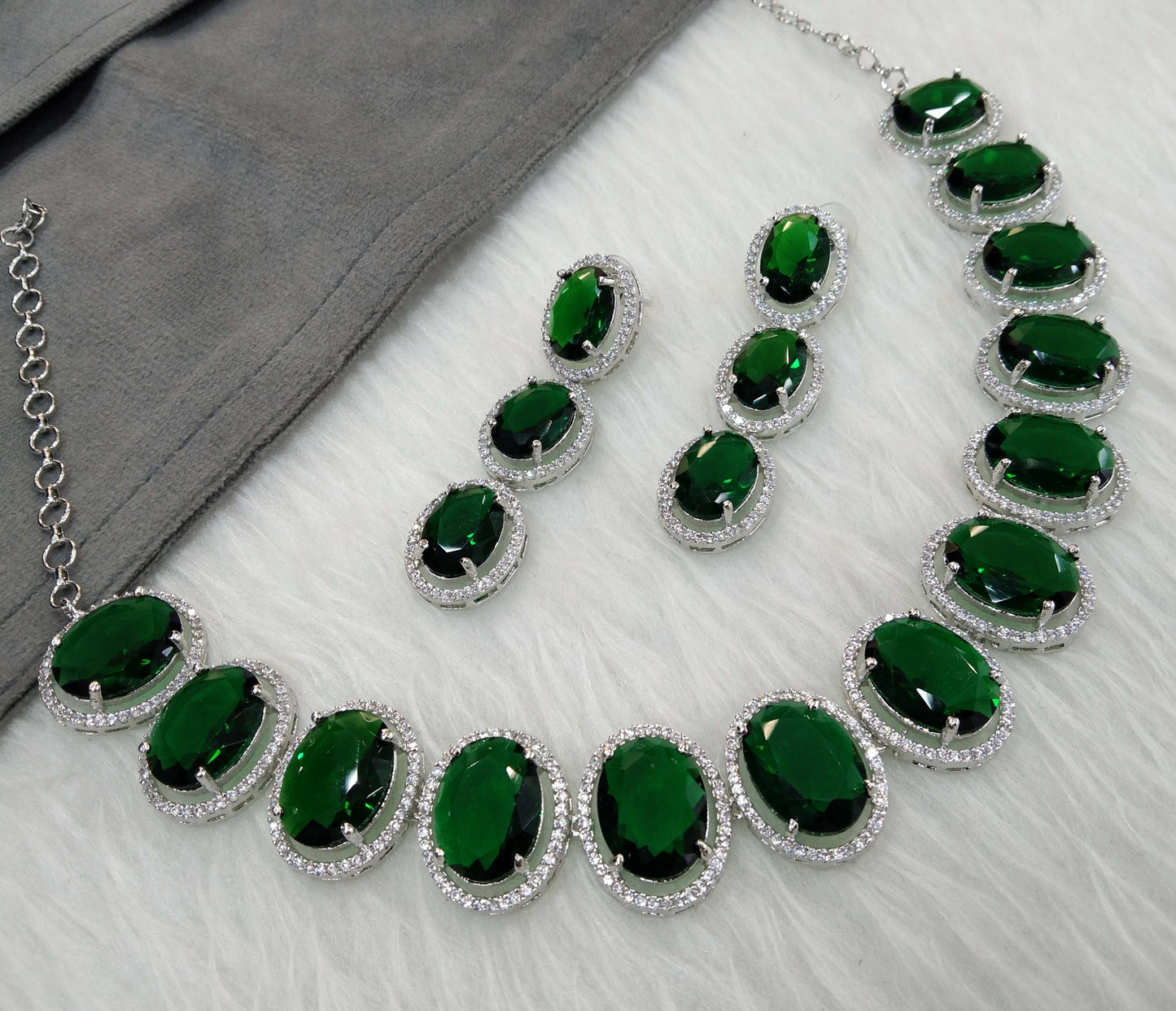 Cubic Zirconia Diamond Necklace set,Silver green  necklace set CZ sheet necklace set