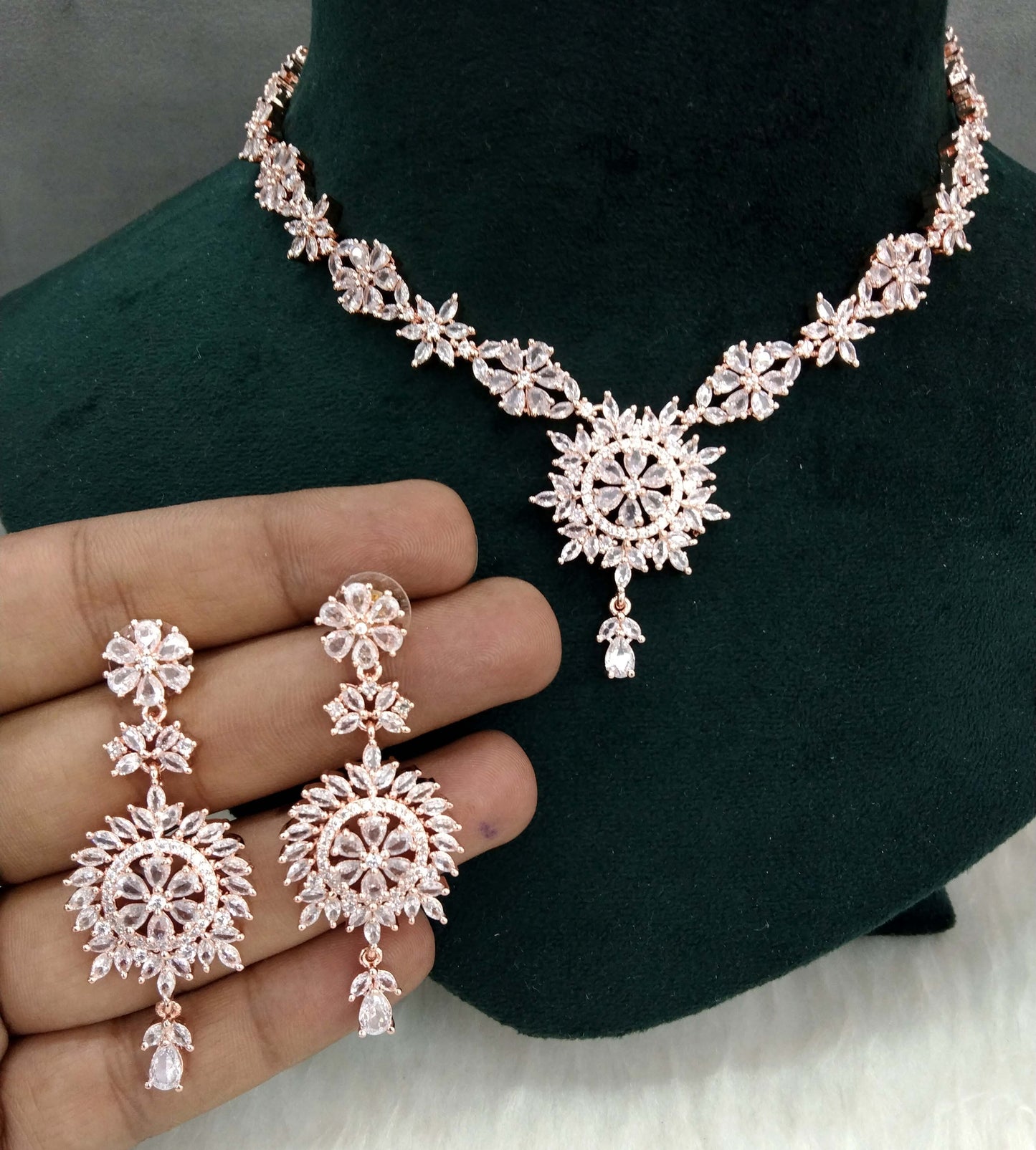 Cubic zirconia diamond necklace set, Rose gold necklace set CZ out necklace set
