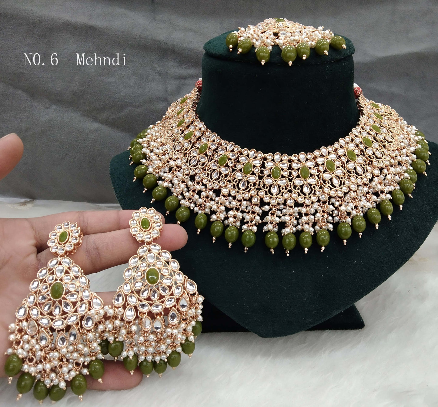 Indian Jewellery/Bridal mehndi green Kundan necklace Set/Indian Wedding Kundan sili Jewellery Necklace