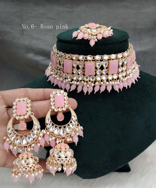 Indian jewellery Rose gold finish kundan Choker Set/ Rose pink Indian Riya Jewellery Set/Indian Choker set