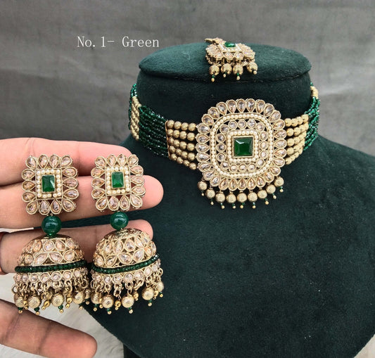 Indian Choker Set / Antique gold finish green Jewellery set /Indian choker necklace set/ chini Wedding jewellery set