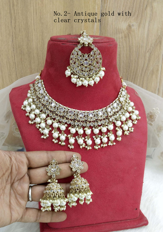 Antique gold clear crystals  necklace Set/ Antique gold  Indian Bridal origin Jewellry