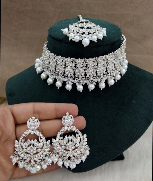 Silver Jewellery Choker Set /Silver finish Jewellery siki set