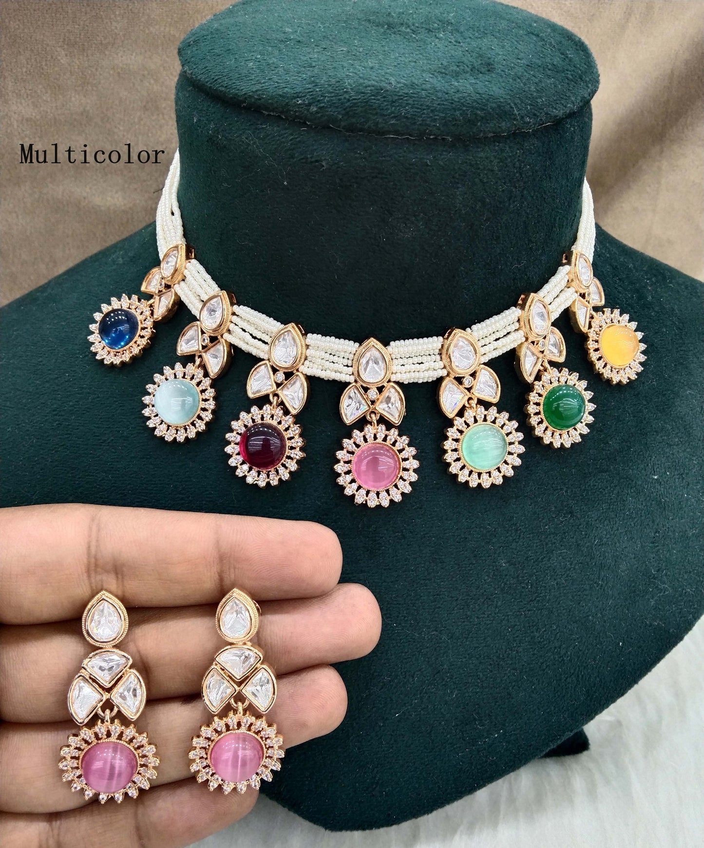 Gold multicolor Kundan necklace Set/ Gold kundan Indian jewellery kundan runes sets