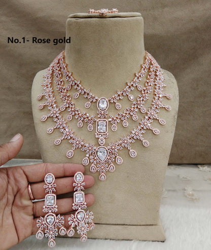 Cubic zirconia diamond necklace set, Rose gold cz bridal necklace set