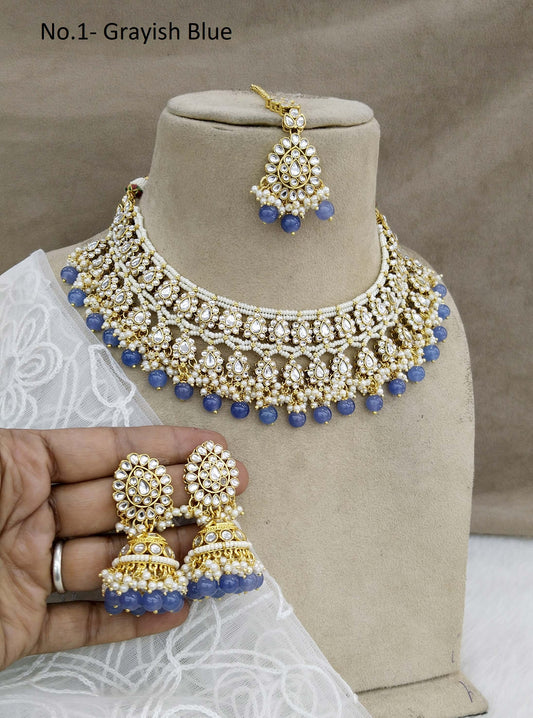 Kundan Necklace Jewellery Set/ Gold greyish blue kundan Indian jewellery kundan sika sets