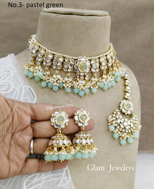 Kundan Jewellery  Choker Set/ Gold pastel green kundan Indian jewellery kundan choker saga sets