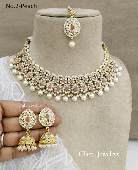 Gold Kundan Necklace Set/ Gold peach kundan Indian jewellery kundan tinki sets