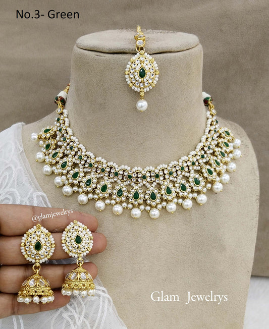 Kundan Necklace Jewellery Set/ Gold green kundan Indian jewellery kundan tinki sets