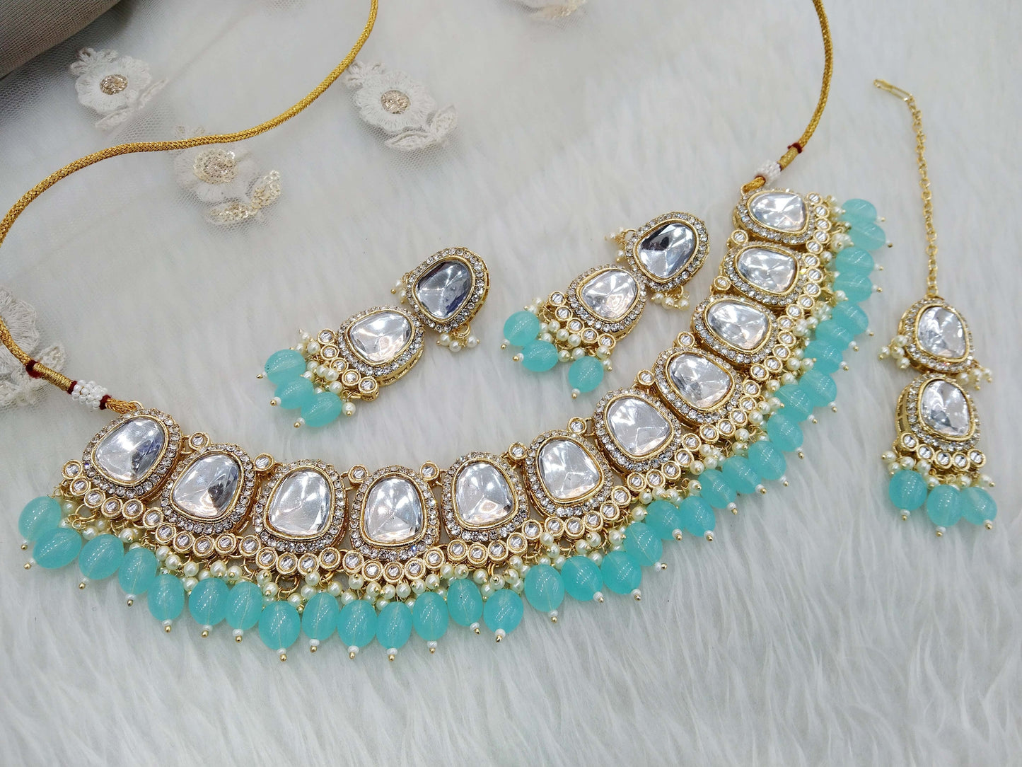 Kundan Necklace Jewellery  Set/ Gold sea green kundan Indian jewellery kundan dova sets