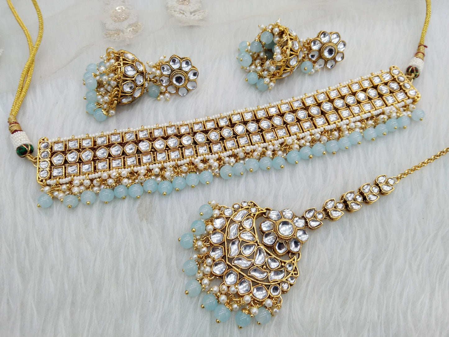 Gold Kundan choker Jewellery Set/ Gold sea green kundan Indian jewellery choker diko set