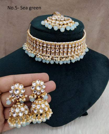 Gold Kundan choker Jewellery Set/ Gold sea green kundan Indian jewellery choker diko set