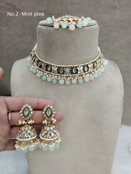 Kundan choker Set/ Gold mint pink kundan Indian jewelry kundan choker dito sets