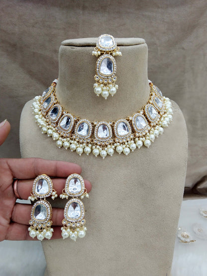 Ivory Gold Kundan necklace Set/ Gold white kundan Indian jewellery kundan dova sets