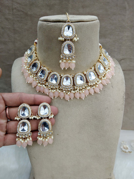 Kundan Necklace Jewellery Set/ Gold peach  kundan Indian jewellery kundan dova sets