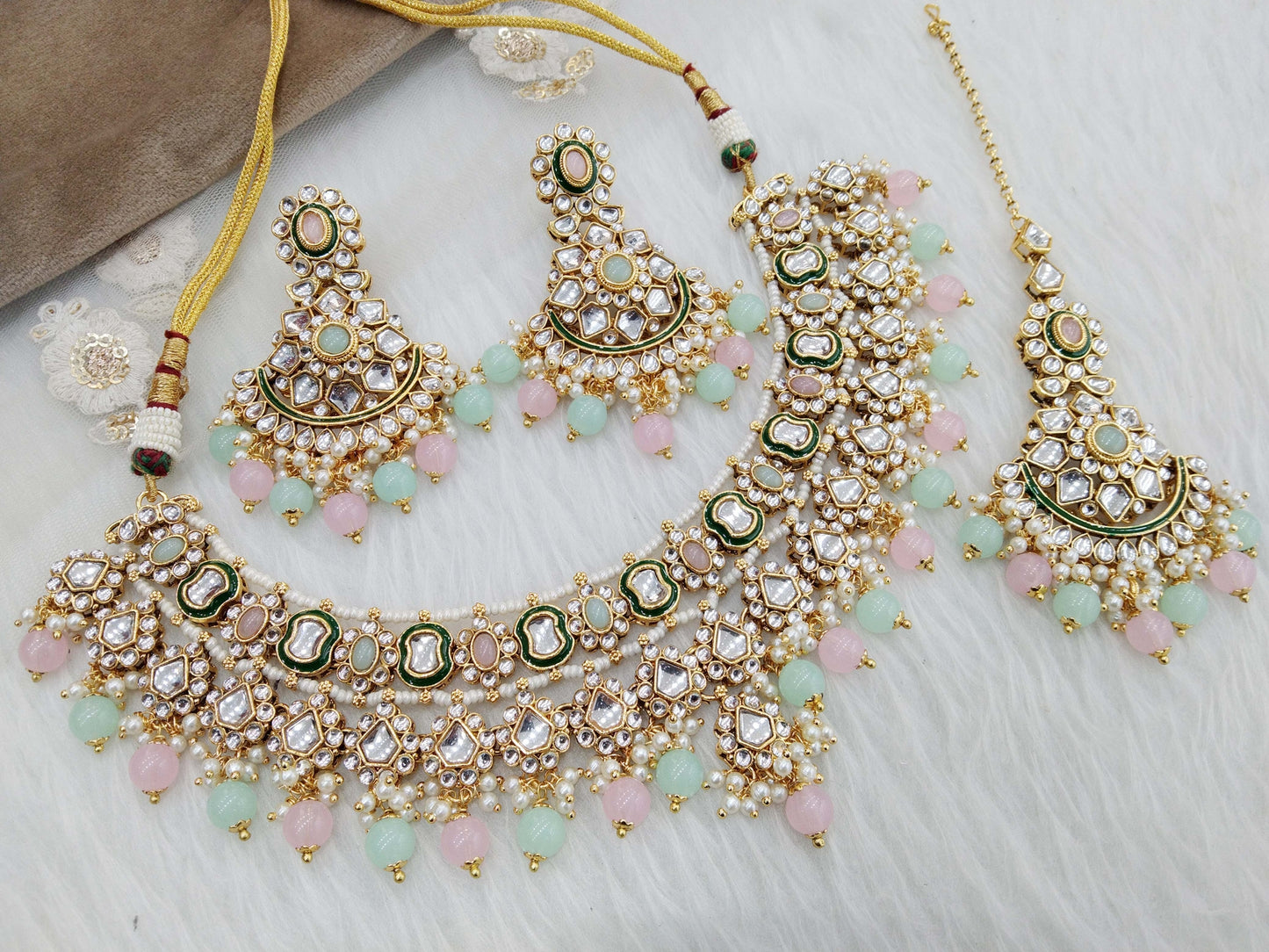 Kundan Necklace Jewellery Set/ Gold Mint Pink Kundan Indian jewellery kundan disco sets