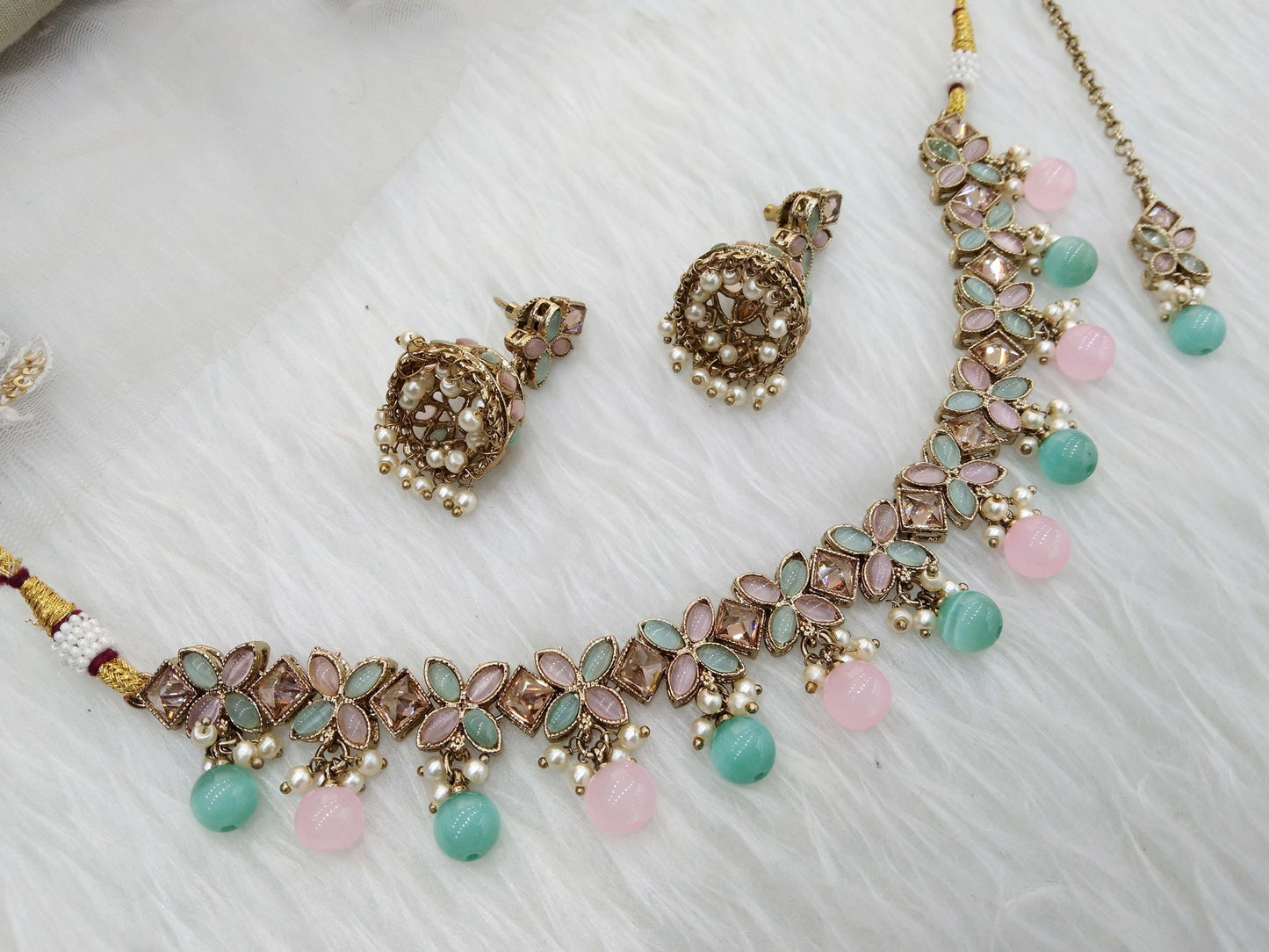 Antique  Gold Necklace Set/ sea green pink Necklace Set Jewellery set/sona jewellery Set