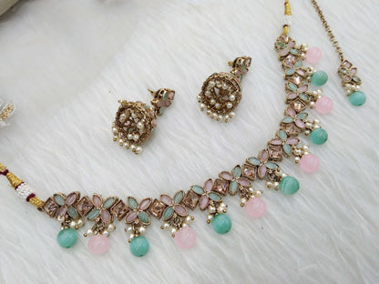 Antique  Gold Necklace Set/ sea green pink Necklace Set Jewellery set/sona jewellery Set