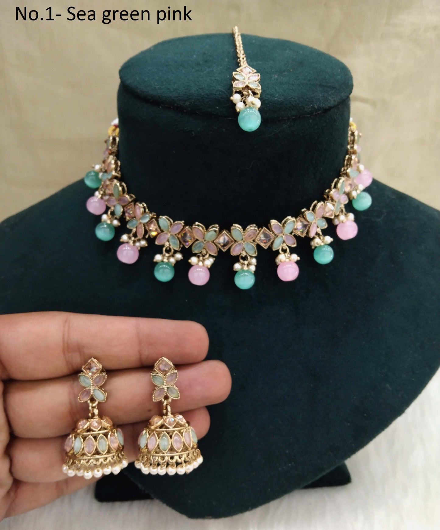 Antique  Gold Necklace Set/ sea green pink Necklace Set Jewellery set/sona jewellery Set