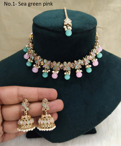 Antique  Gold Necklace Set/ sea green pink Necklace Set Jewellery set/sona jewellery Set