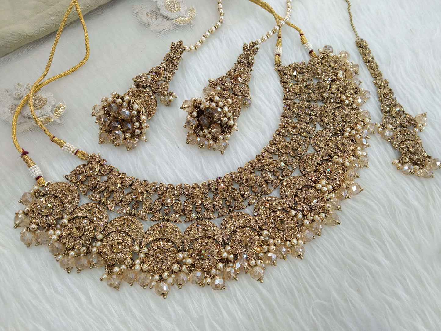 Antique Gold Wedding Necklace Jewellery Set/ dark gold Indian Bridal Wedding Jewellery Set