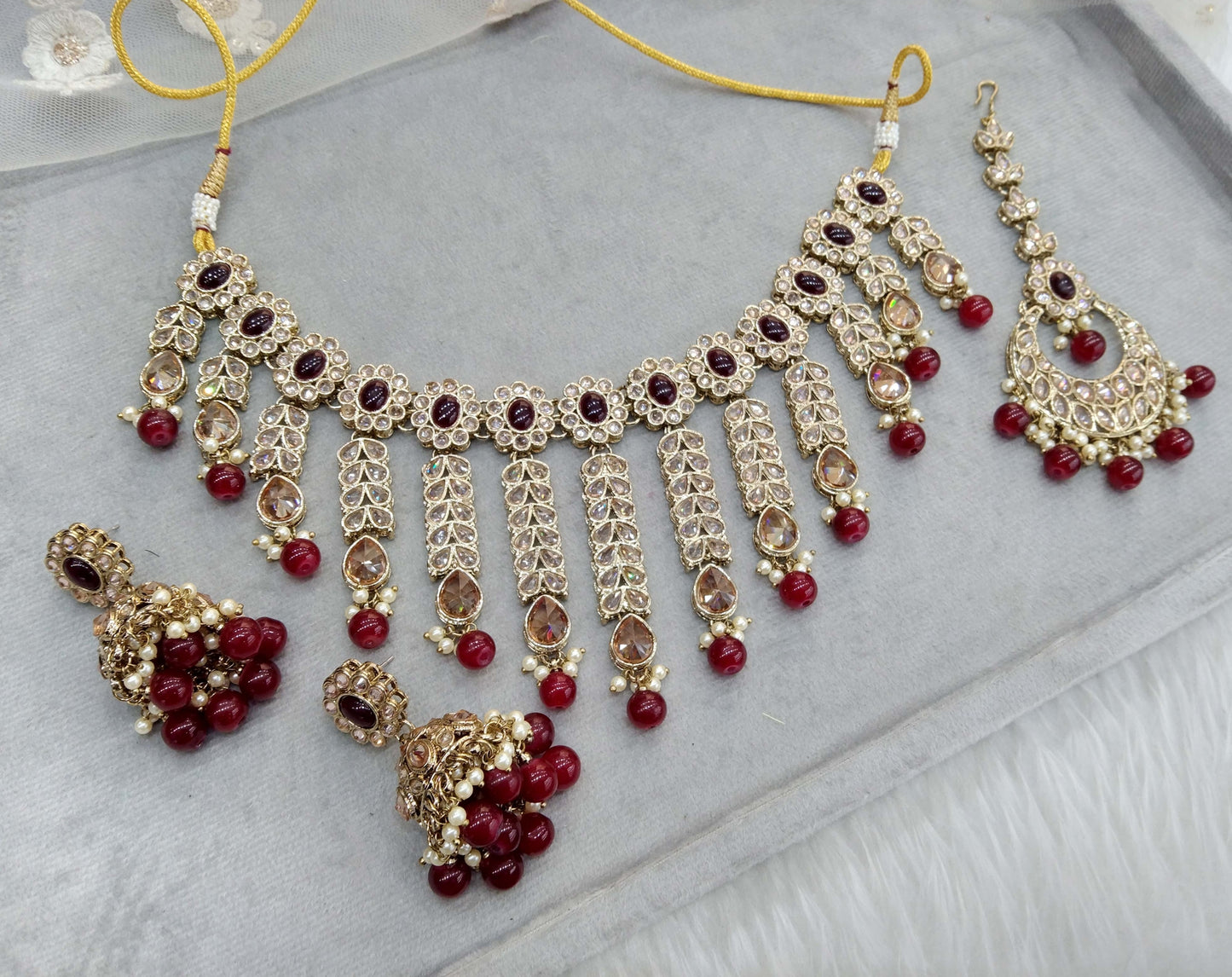 Antique Gold Wedding Necklace Jewellery Set/ dark gold maroon Indian Bridal Wedding Jewellery