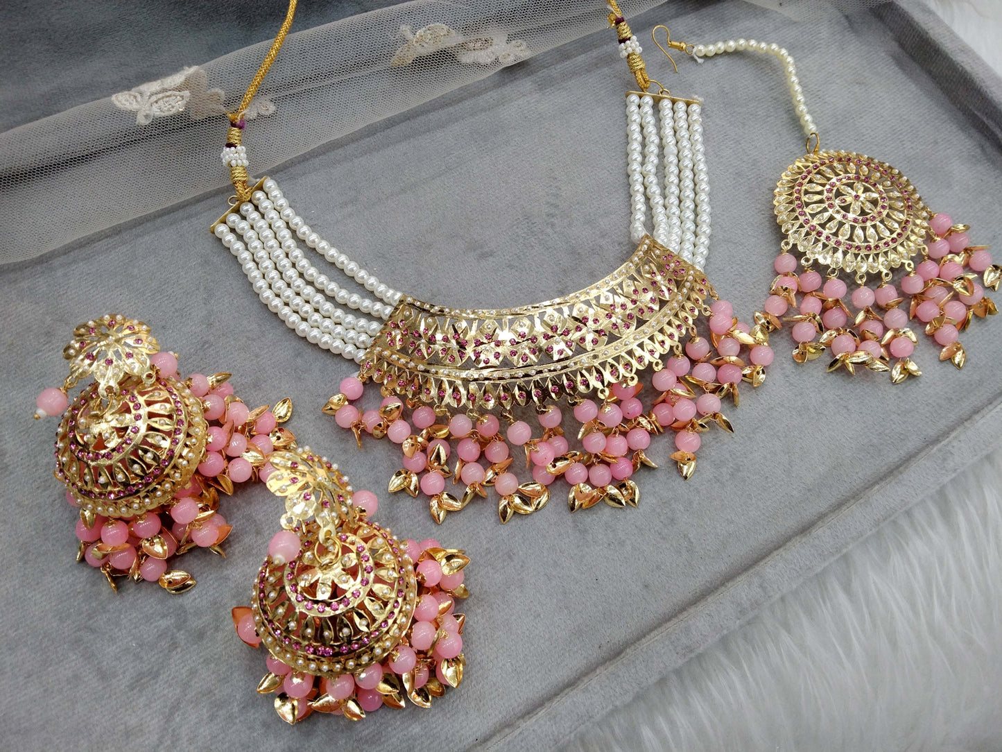 Indian Jewellery/Bridal Gold jadau choker pink pippal patti Set