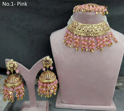 Indian Jewellery/Bridal Gold jadau choker pink pippal patti Set