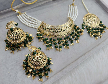 Indian Jewellery/Bridal Gold jadau choker green pippal patti Set